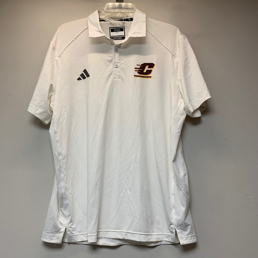 Adidas Polo Shirt Mens Large White Excellent CMU Chippewas Aeroready NCAA